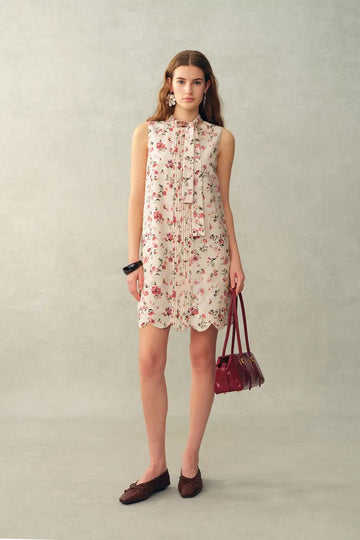 Thea Bow Tie Hand Painted Floral Sleeveless A line Dress in Silk Cotton Blend