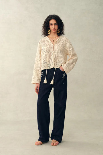 Hazel Crochet Paisley Sheer Tassel Tie Blouse in 100% Cotton with Lace