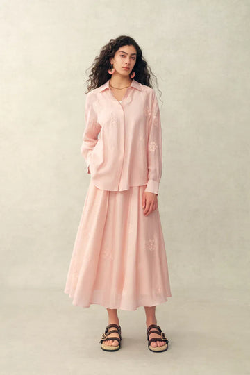 Colette Embroidery Shirt and Skirt Set in Linen Blend