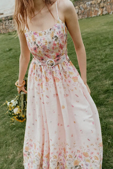 Lilac Handpainted Floral Smocked Belted Strap Dress in Silk Linen Organza