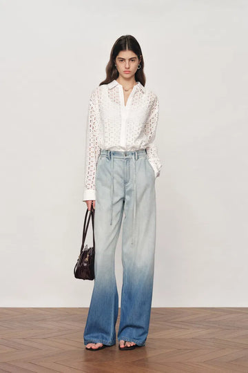 Eliana Cutwork Embroidery Point Collar Shirt in Cotton