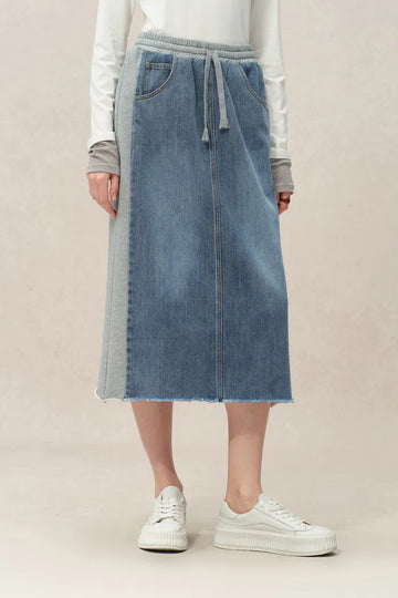 Elvin Patchwork Midi Skirt in Cotton Denim - Deeper Blue Washed