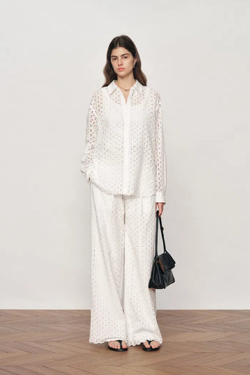 Eliana Cutwork Embroidery Point Collar Shirt and Pants Set in Cotton