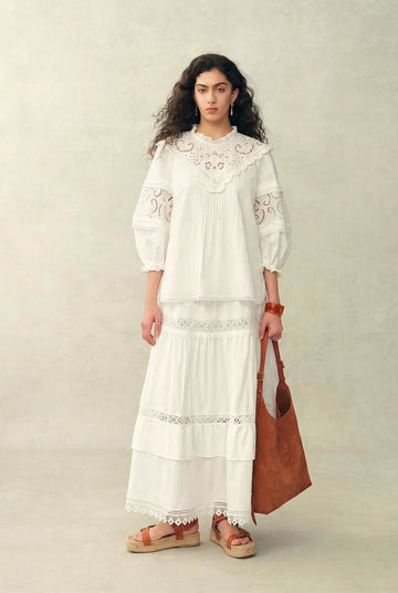 Iris V-Seam Embroidery Puffy Sleeve Blouse and Skirt Set in Cotton Jacquard