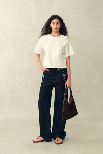Celine Pearl Beaded Hand Crochet Floral T-Shirt in Cotton