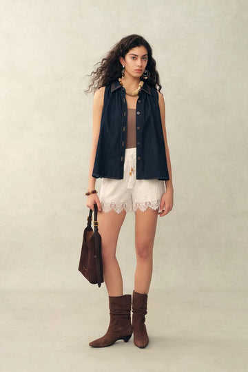 Alani Lace  Panel Beaded Fringe Drawstring Shorts in Tencel Linen