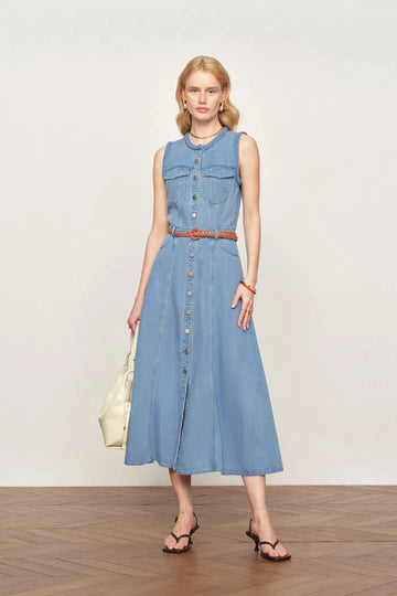 Nova Woven Strap Detail Sleeveless Denim Dress in Cotton-Linen Denim