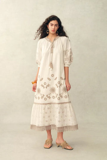 Viola Embroidery Puff-Sleeve Midi Dress in Cotton Jacquard