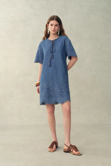 Kate Floral Lace Embroidery Short Dress in Lightweight Tencel-Cotton Denim