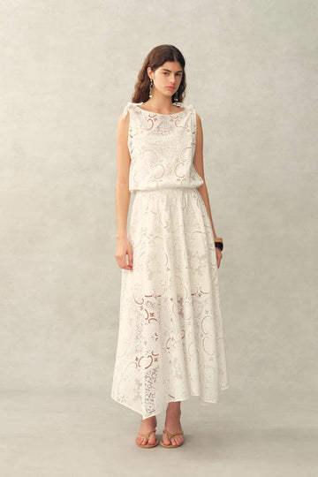 Nellie Cutwork Embroidered Scarf Tie Layered Sleeveless Dress in 100% Cotton with Lace