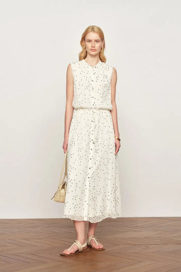 Lunare Polka Dot Sleeveless Drawstring Dress in Crinkled Sheer Fabric
