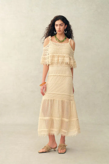 Dione Hand Crochet Detachable Capelet Knit Cami Dress in Linen Crochet