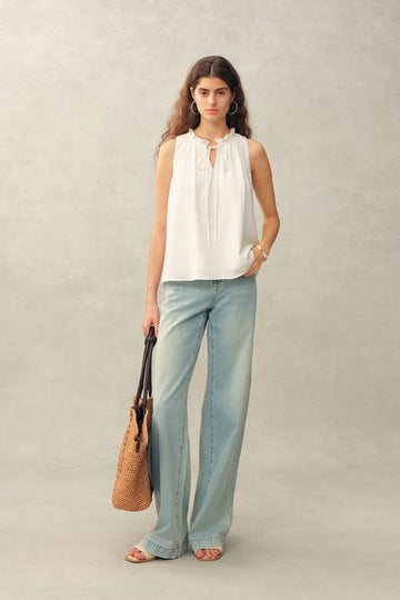 Rosalind Ruffle Neck Tie Front Sleeveless Top in Bubble Cotton