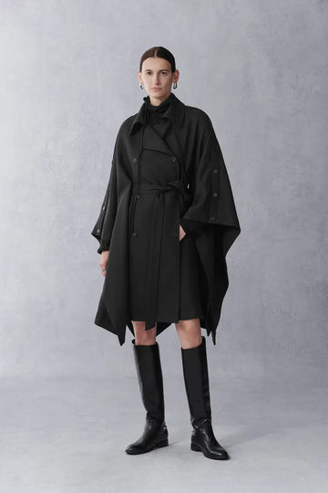 Aggripine Cape Style Trench Coat in Lightweight Merino Twill