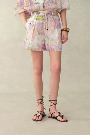 Yori Handpainted Floral Print Sheer Beaded  Belt Shorts in Silk Linen Blend