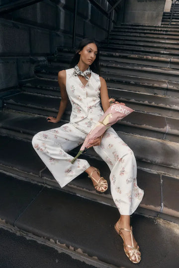 Flora Floral Sleeveless Vest Top and Pants Set in Linen Blend Suiting