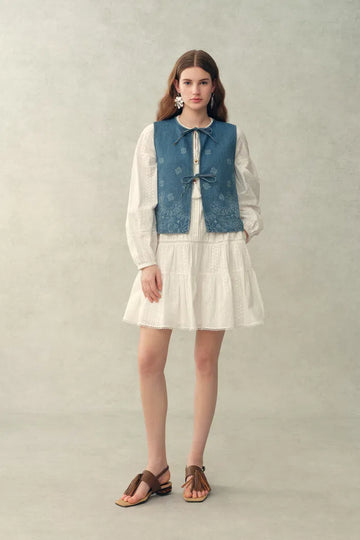 Wren Paisley Sleeveless Vest Top in Cotton Denim