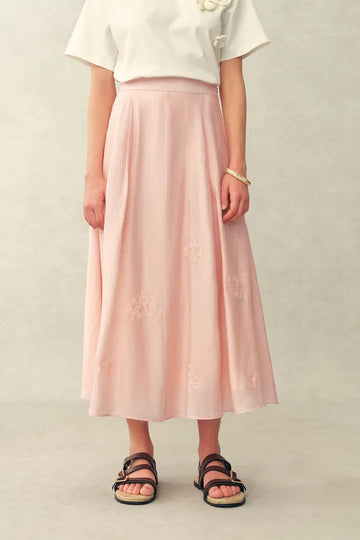 Colette Embroidery Midi Skirt in Linen Blend
