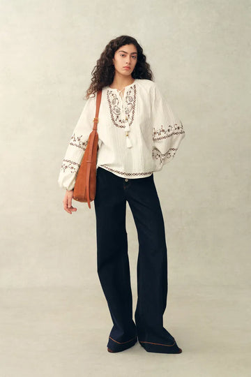 Brioche Beaded Tassel Tie Embroidery Blouse in Crinkled Cotton