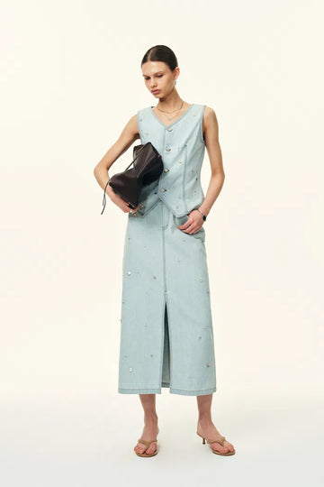 Jean Handwork Bead Denim Vest Top and Skirt Set in Cotton Denim