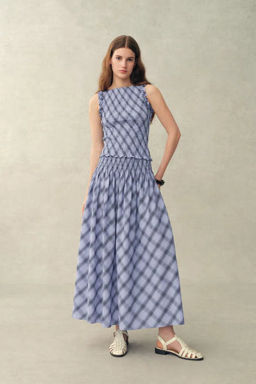 Crystal Handworked Sleeveless Plaid Top and Skirt Set in Stretch Bubble Cotton
