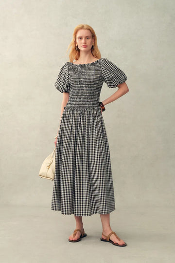 Vivinea Gingham Smocked Puff-Sleeve Dress in Cotton