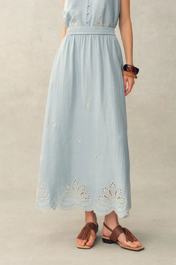 Yori Floral Cutwork Embroidery A Line Maxi Skirt in Linen Blend
