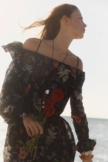 Granata Off Shoulder Hand-painted Print Dress in Silk Georgette