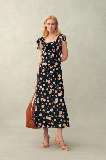 Anais Tie Strap Peony Hand Painted Floral Dress in Stretch Silk Crepe de Chine