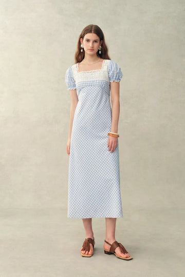 Gisele Lace Panel Checkered Square Neck Puff Sleeve Dress in Cotton