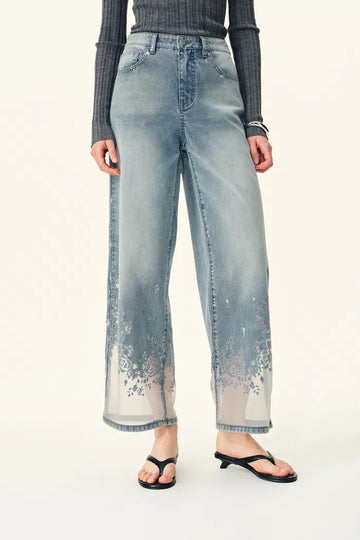 Ariel Straight Cropped Jeans in Transparent Burnout Denim