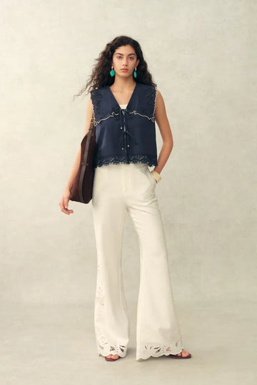 Blue Ivy Sailor Collar Sleeve Sleeveless Top in Cotton Jacquard with Lace