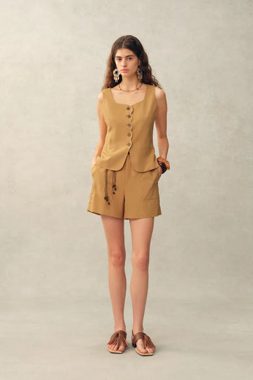 Suzane Handwork Stitched Scalloped Trim Sleeveless Top in Linen Blend Suiting