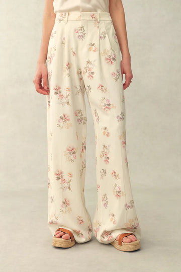 Flora Floral Wide Leg Pants in Linen Blend Suiting