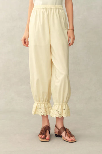 Hazel Lace Panel Balloon Leg Cropped Pants in Silk-Cotton Blend