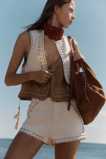 Charlie Boho Mother of Pearl Studded Side Tassel Tie Vest Top and Shorts Set in Cotton Denim