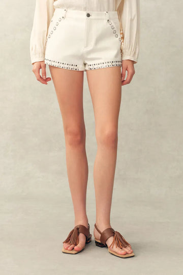 Cori Boho Mother of Pearl Studded A Line Shorts in Cotton Denim