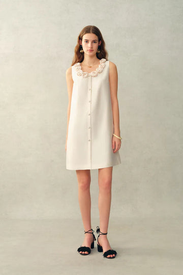 Yazmin 3D Floral Neckline Dress in Silk Wool Satin Knit