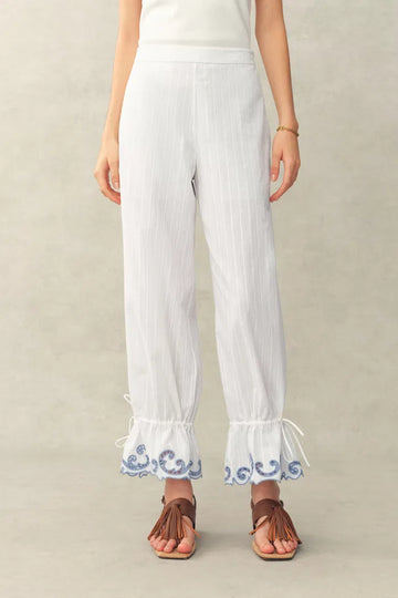 Maggie Embroidery Drawstring Balloon Leg Pants in Cotton Jacquard
